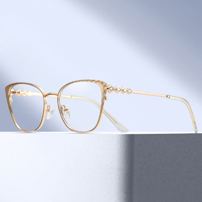 Elegantes Óculos Femininos de Metal Anti-Luz Azul, Estilo Olho de Gato, Armação Dourada, Óculos Ópticos para Computador