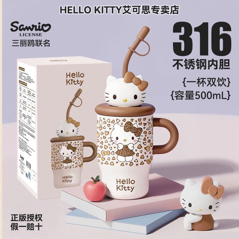[Hello Kitty] Copo térmico com padrão Titty para meninas, canudo de alto valor, portátil, bonito, copo de água, presente