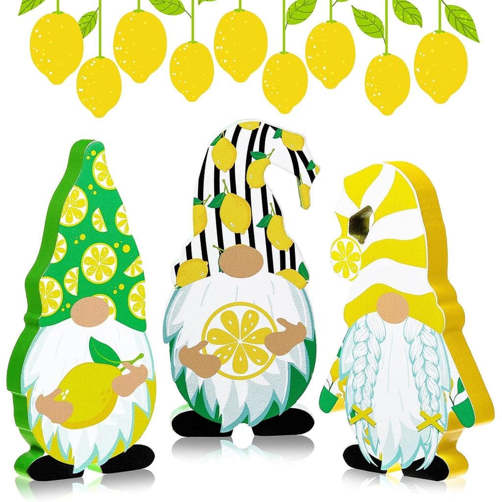 Jetec 3 Peças Decoração de Limão de Verão para Casa, Gnomos de Limão de Madeira, Decorações para Bandejas em Níveis Esti