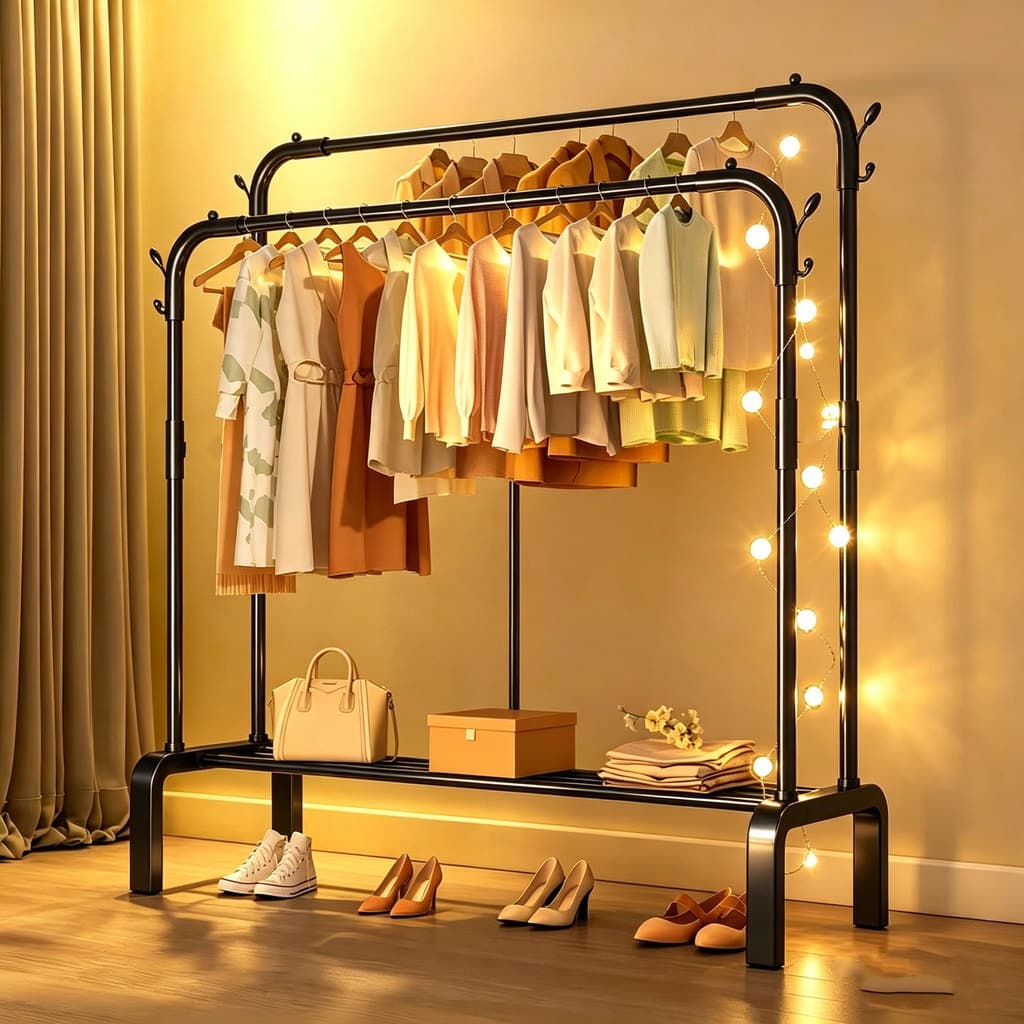 Cabideiro Duplo com Sapateira Arara de Roupas Closet Organizador Ferro Reforçado