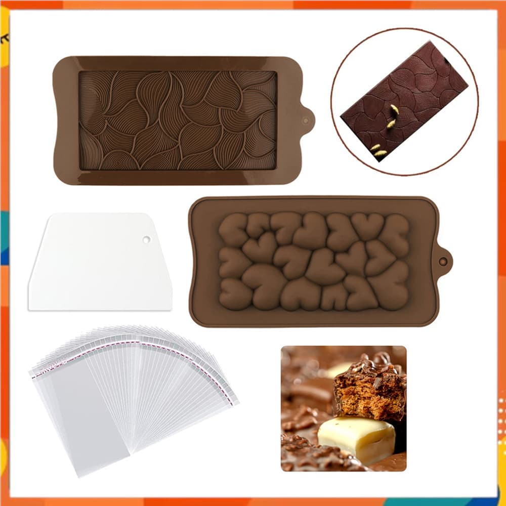 Molde de Chocolate de 2 peças, Silicone antiaderente de qualidade alimentar, com saco de embalagem, molde de barra de en