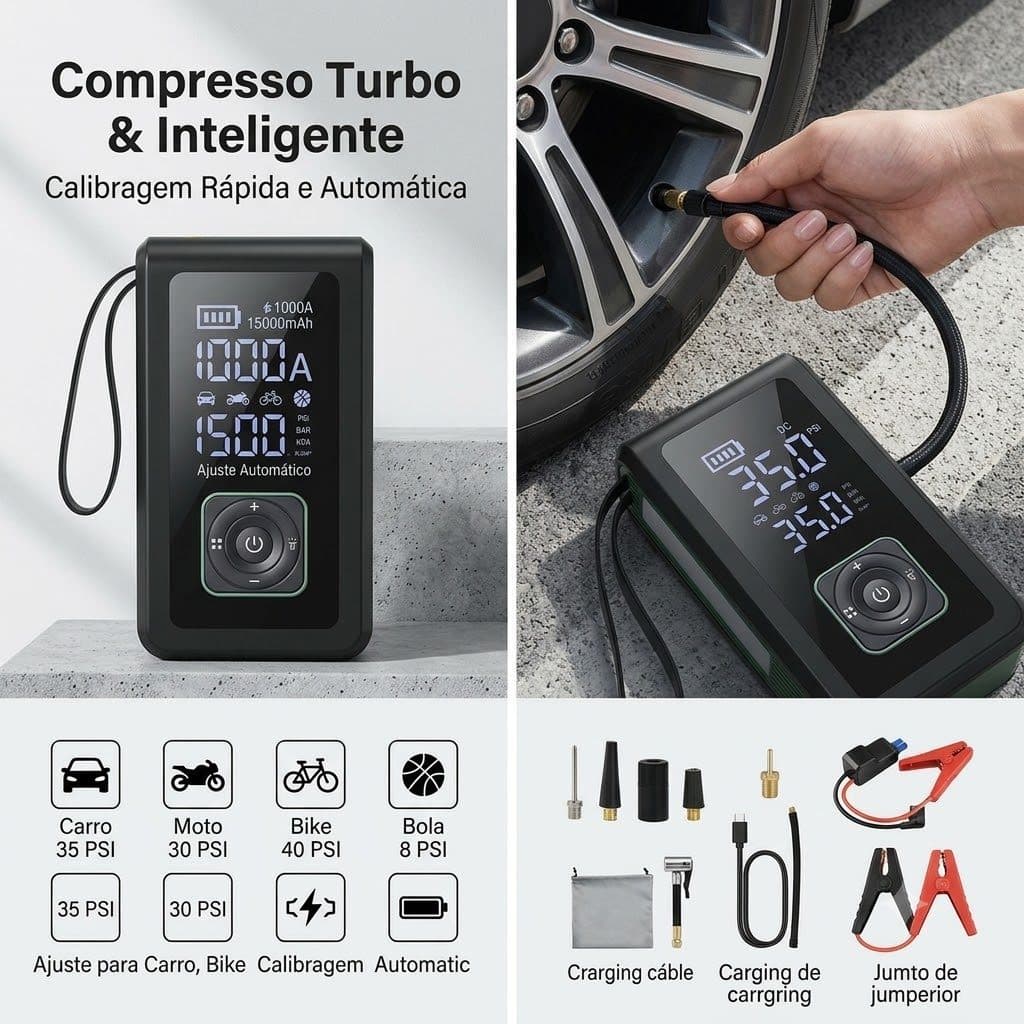 Compressor de Ar Portátil 150PSI Jump Starter 15000mAh Calibrador de Pneus