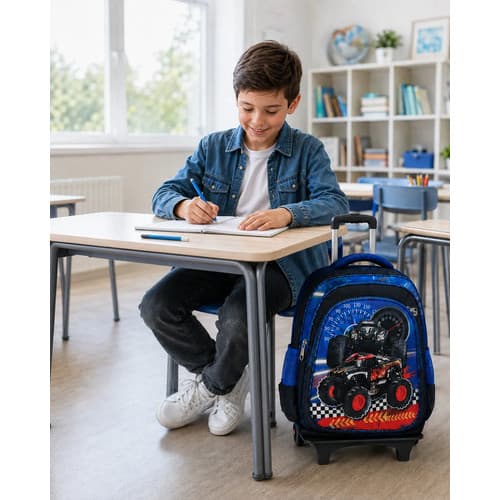 Kit Mochila De Rodinha Impermeável Lancheira Estojo Menino Azul Caminhão Monstro
