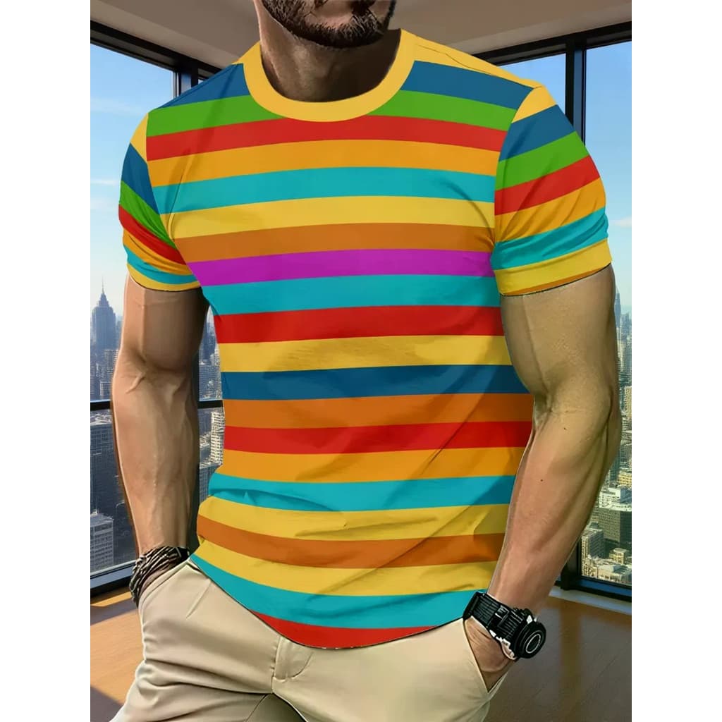 Retro Verão Clássico Listras Impressão 3D Respirável Secagem Rápida Masculino Tamanho Grande Camiseta Lazer Ao Ar Livre