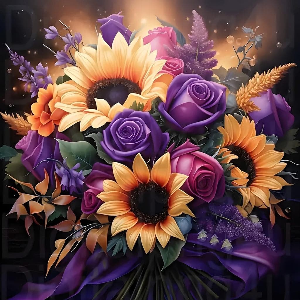 Kits de Arte com Diamantes para Adultos, Tema Buquê Floral de Girassol e Rosa Roxa, Conjunto de Pintura com Diamantes DI