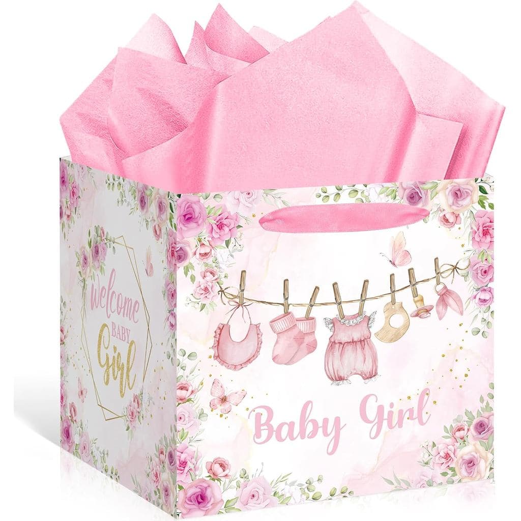 Sacola de Presente Extra Grande para Bebê Menina com Papel de Seda, 11,8 Polegadas Quadrada, Floral Rosa, Sacola de Boas