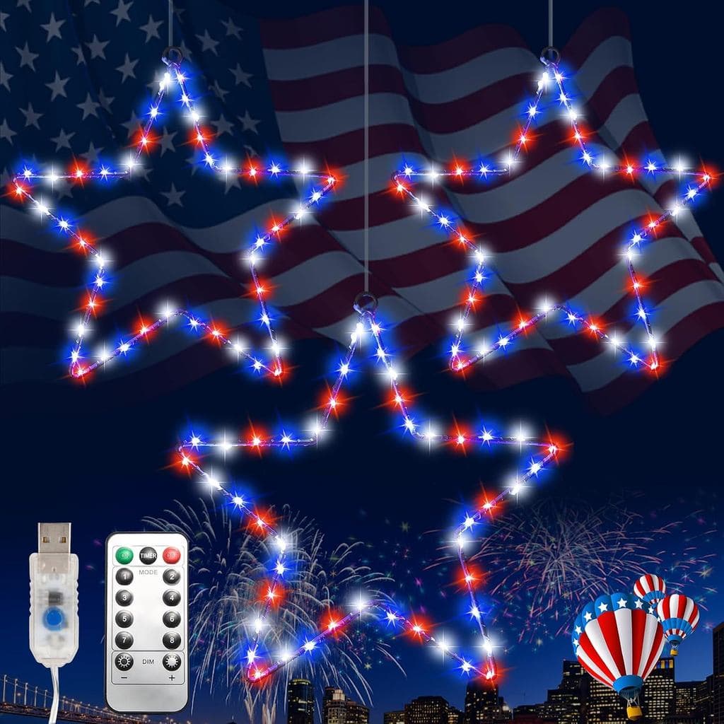 (Novo) Decorações para o 4 de Julho, 50 Luzes LED em Forma de Estrela de Ferro Vermelhas, Brancas e Azuis, Decorações Pa