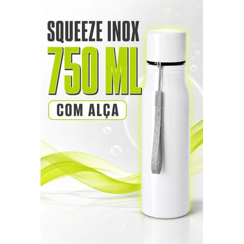 Garrafa Squeeze Inox 750ml Branca com Alça para Transporte Academia Treino Trabalho Água Fria Quente Premium