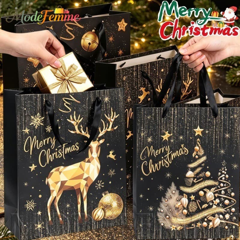 [À Venda] [Feliz Natal] 5 Peças Bolsa De Embrulho De Presente De-Sacola Dourada Preta Estampada De Papai Noel-Decoração