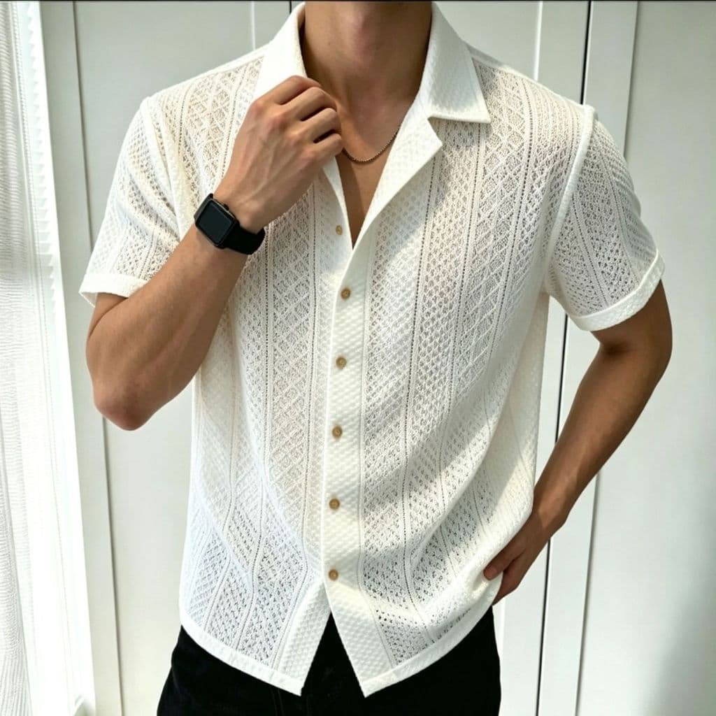 Estilo Retro Branco Oco Camisa De Manga Curta Para Homens Verão Solto Respirável Bonito Lapela casual