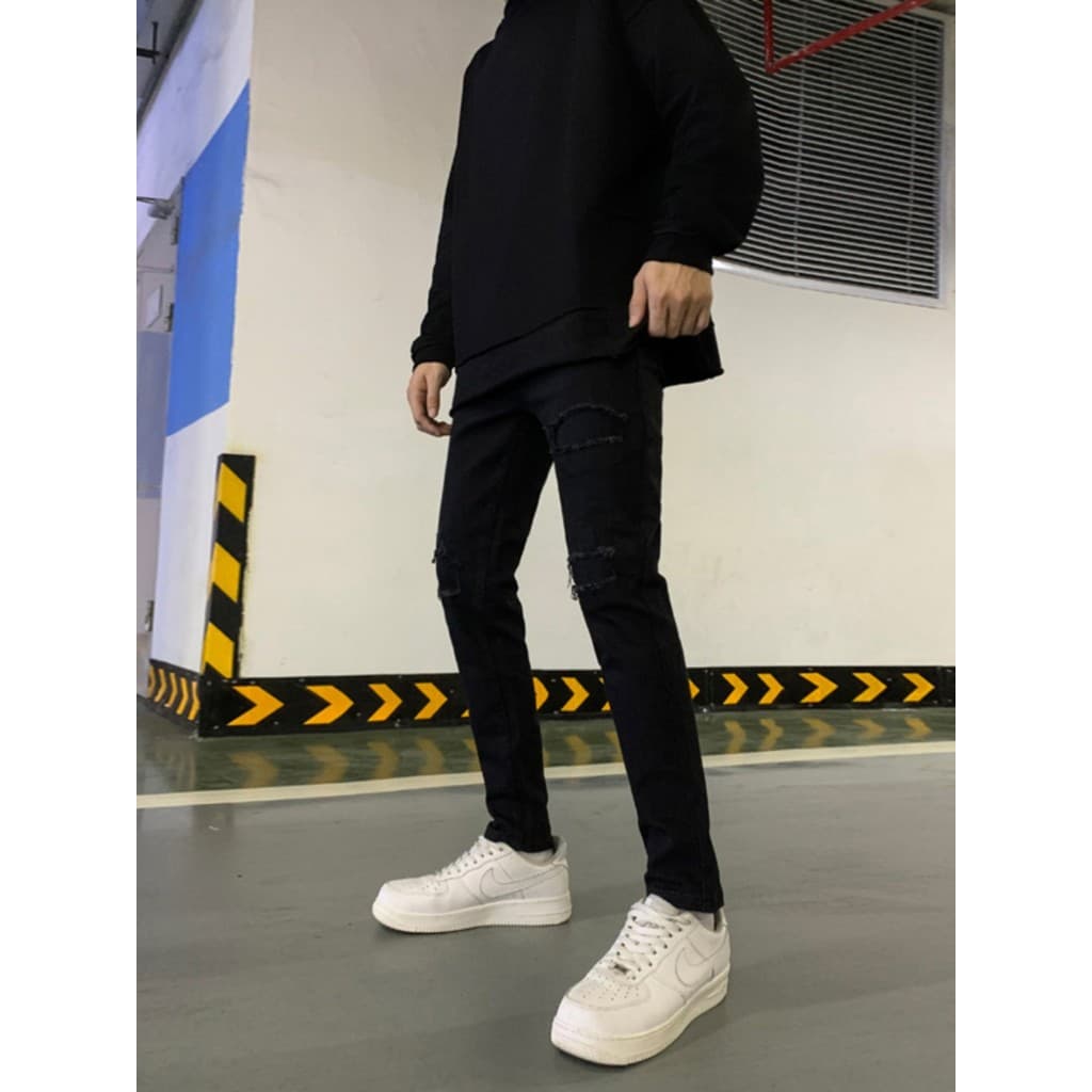 Calças de brim masculinas pretas Slim-fit calças masculinas remendo calças masculinas lavadas estiramento estudante Hip-