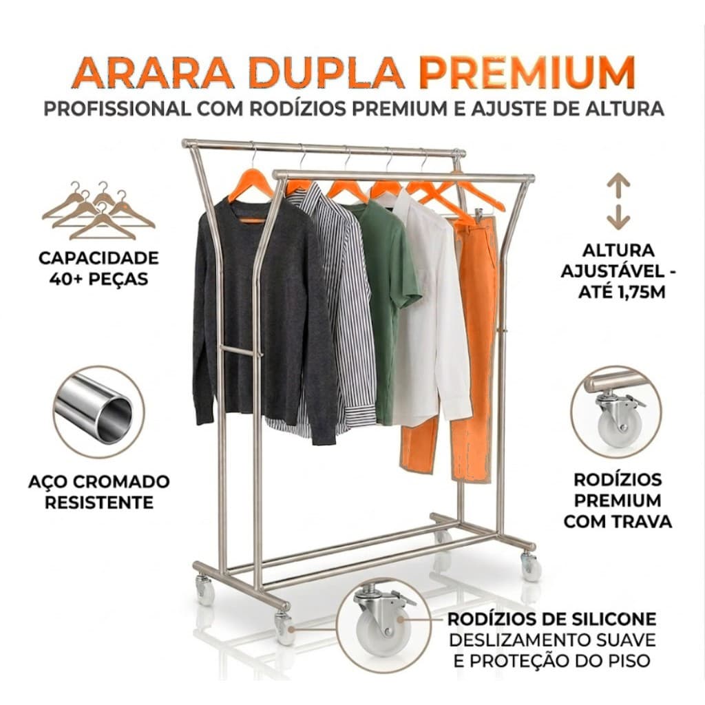 Arara de Roupas Dupla Regulável 1,20m Aço Cromado Rodízios de Silicone