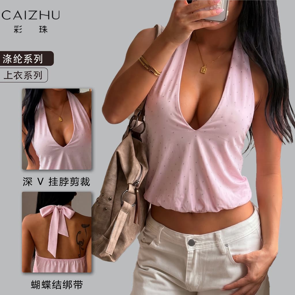 Top de yoga com decote halter e laço em V profundo, camisola rosa com bolinhas, roupa exterior no estilo "hot girl", top