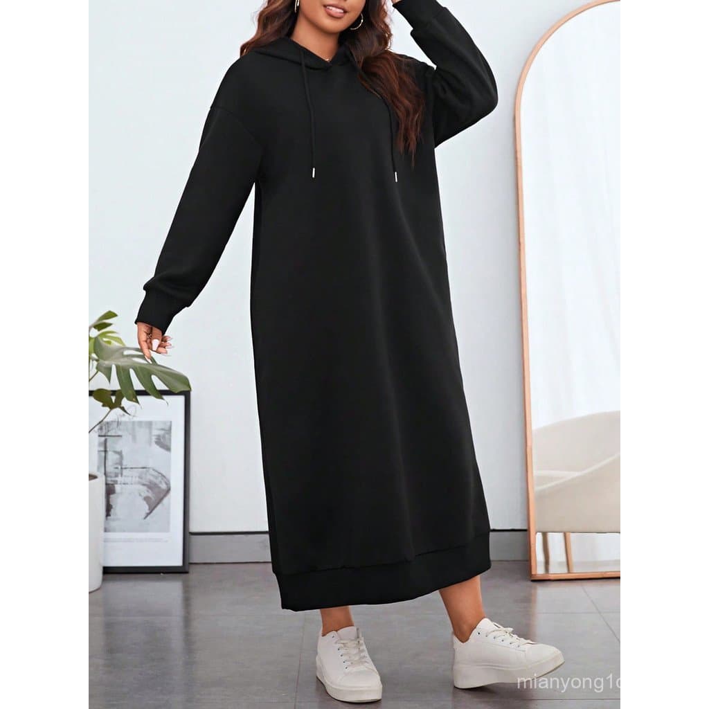 Cross-Border novo estilo outono inverno forro de lã solto longo com capuz moletom vestido saia longa reta.