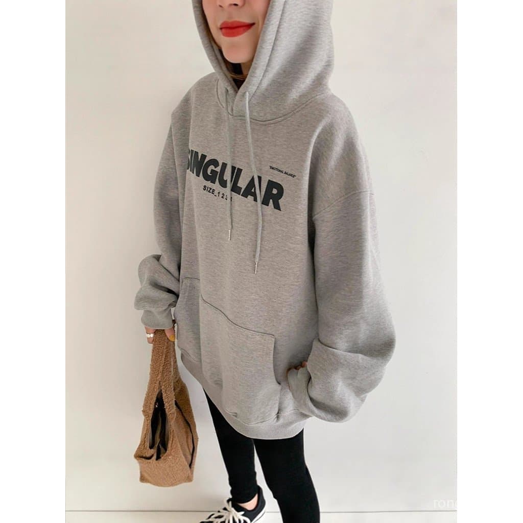 Outono inverno cinza moletom com capuz feminino 2025 novo estilo preto solto na moda forro de lã engrossado estilo pregu