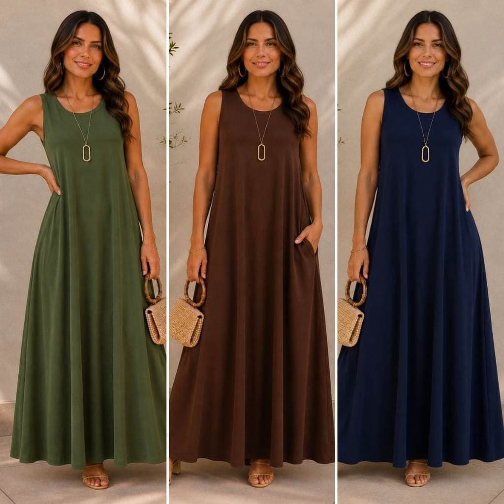 Vestido Feminino Longo de Malha Sem Manga Com Bolso Versátil Para Verão Outono Inverno 506