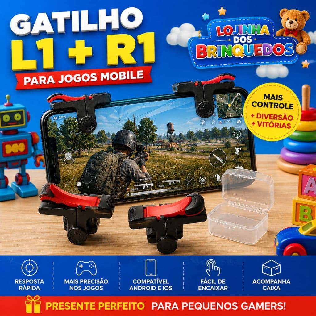 Gatilho L1 R1 Para Celular Gamer Par Com Caixa Android Ios Jogos Mobile - Adaptador Free fire - Fortnite - Pubg - COD