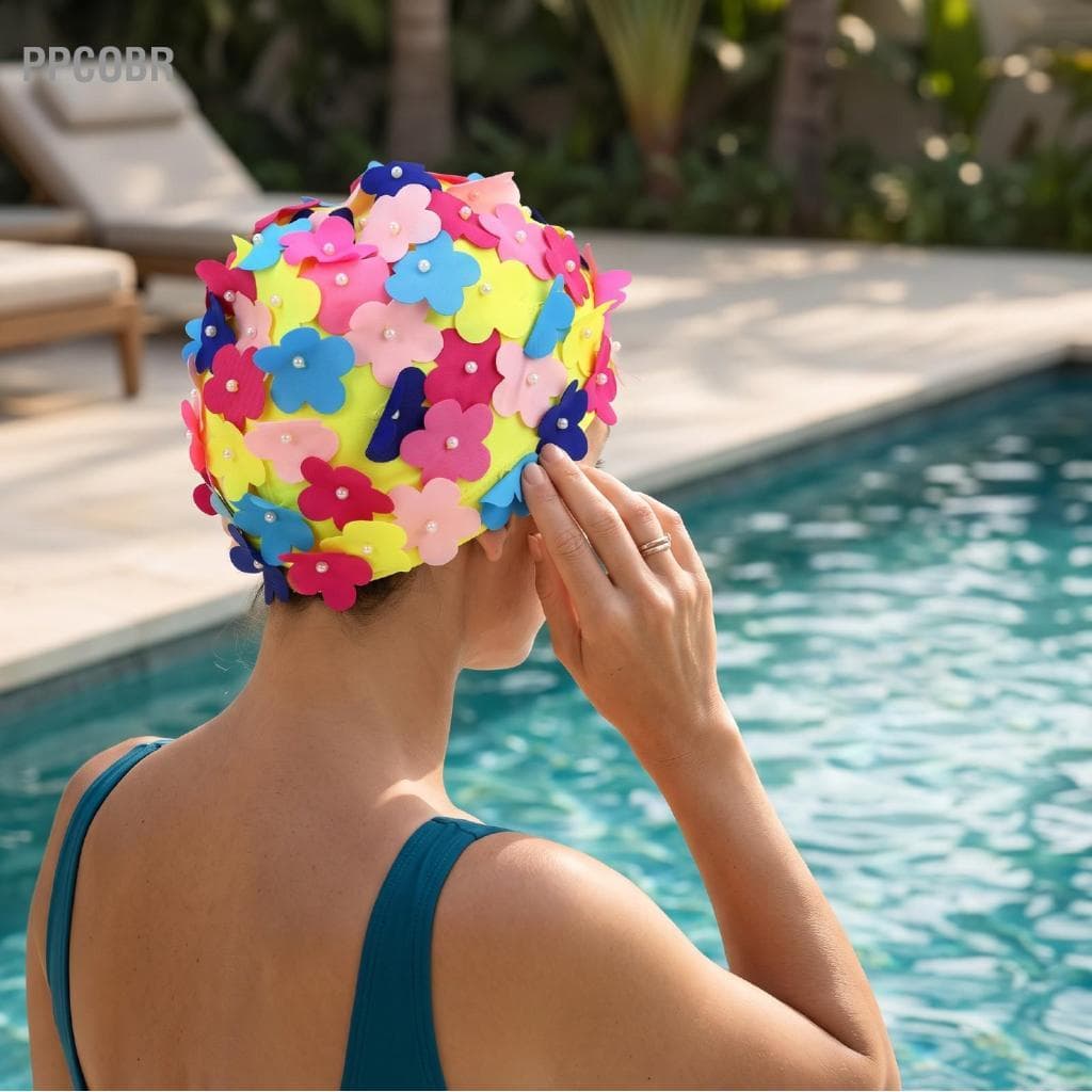 Ppcobr Touca de natação floral ppcobr para mulheres PVC 3D pétala flor natação retrô chapéu de banho longo cabelo curto