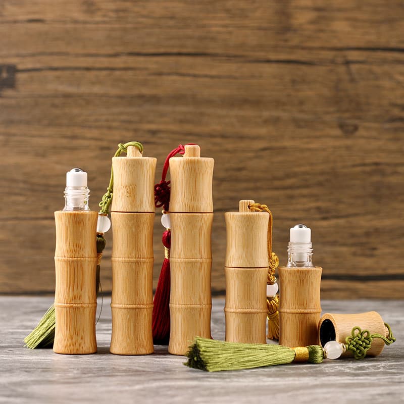 Frasco roll-on de 10ml com borla de bambu, frasco de vidro vazio para óleo essencial de bambu natural, frasco de perfume