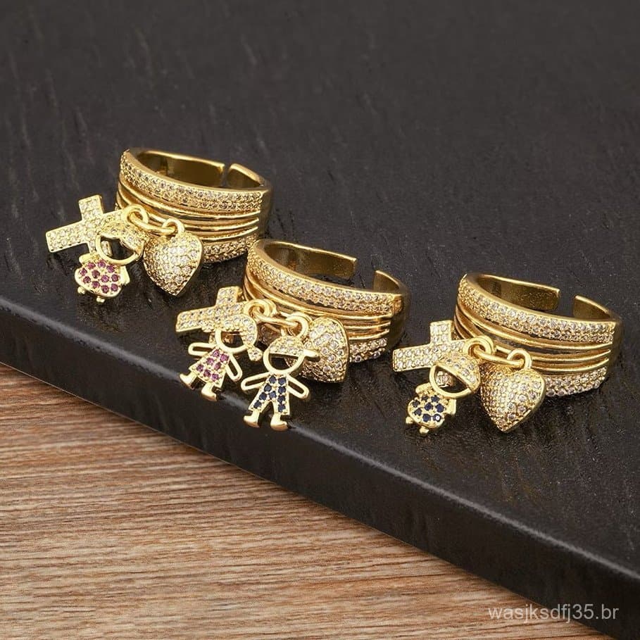 Anel de filhos cravejado casal menino menina dois meninos duas meninas ajustável banhado a ouro 18k a prata 925
