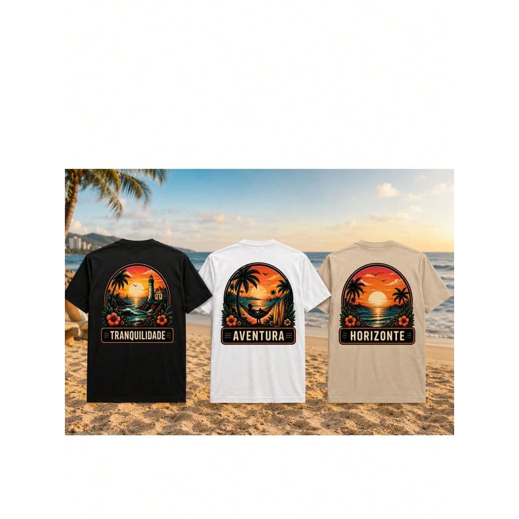 Kit 3 Camisetas 100% Algodão Estampadas Frente/Costas Desenho Imagens Paisagem Relax Aventura Camisa Estilo Casual