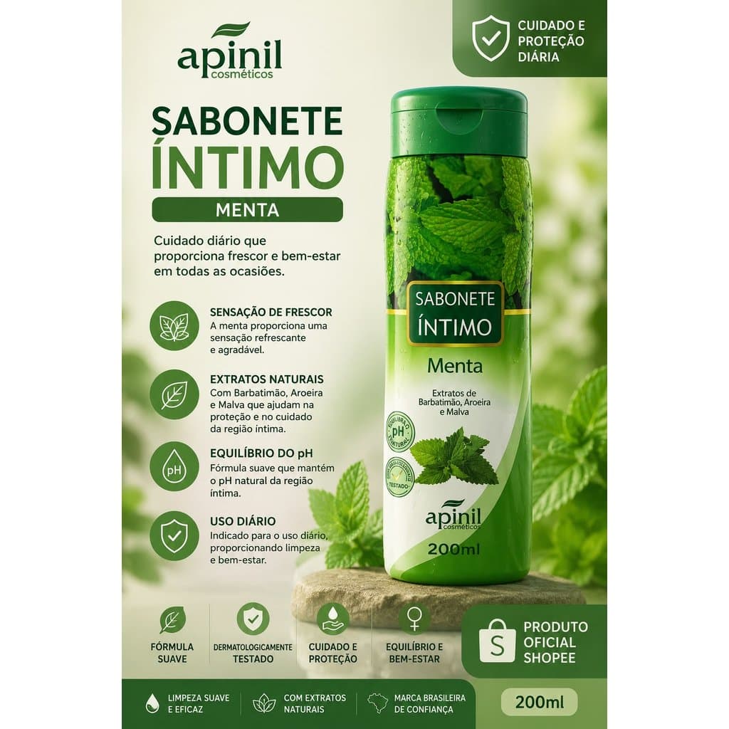 Sabonete Íntimo Menta Apinil 200ml | Higiene Íntima Feminina | pH Equilibrado | Barbatimão, Aroeira e Malva