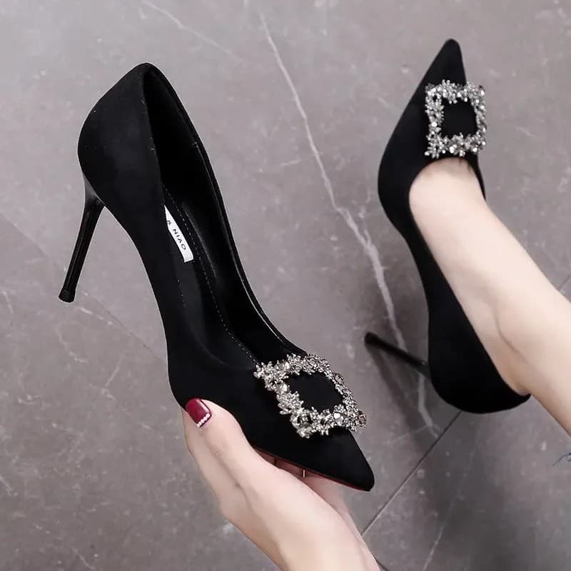 Sandálias Femininas de Salto Médio Pretas com Fivela Quadrada, Bico Fino, Salto Fino, Sapatos de Salto Alto para Banquet