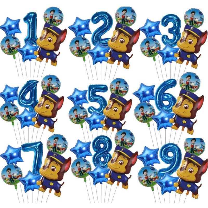 Kit 6 Balão Metalizado Chase Patrulha Canina Corpo Estrela Números Azul 40cm