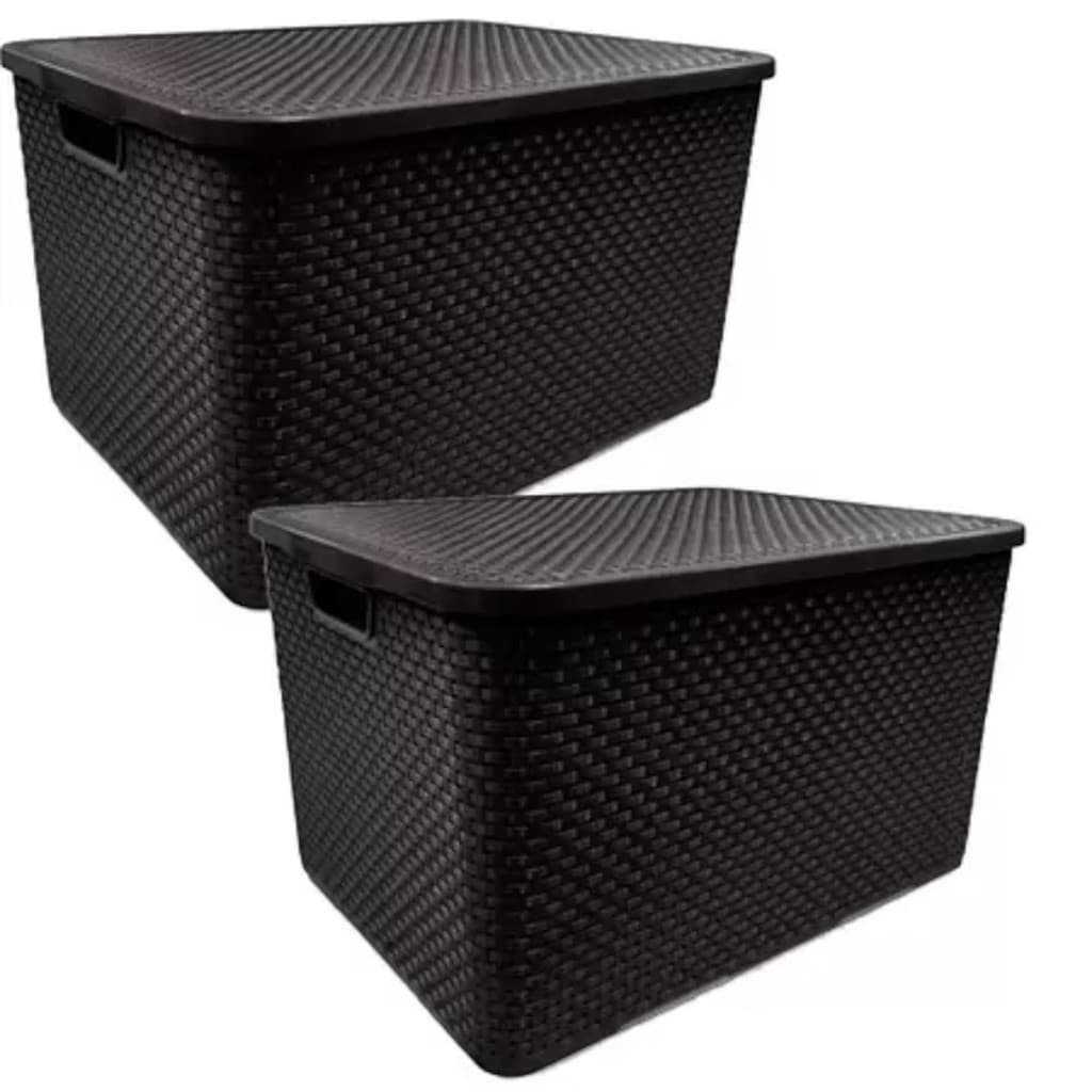 Kit 2 Cestos Organizadores Rattan Com Tampa 7L Plástico PP Multiuso Casa Quarto Preto