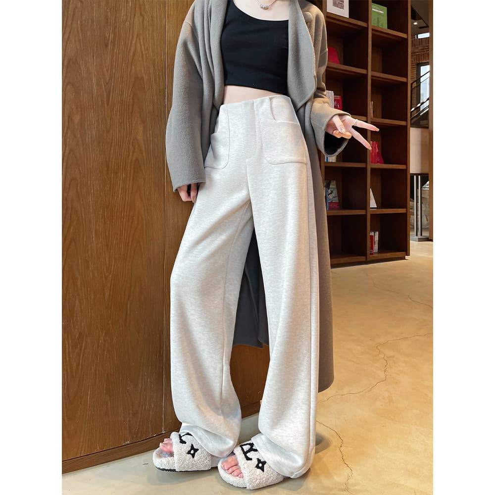 Branco estreito calças de perna larga feminino outono inverno forro de lã cintura alta Drape mais magro olhar calças de