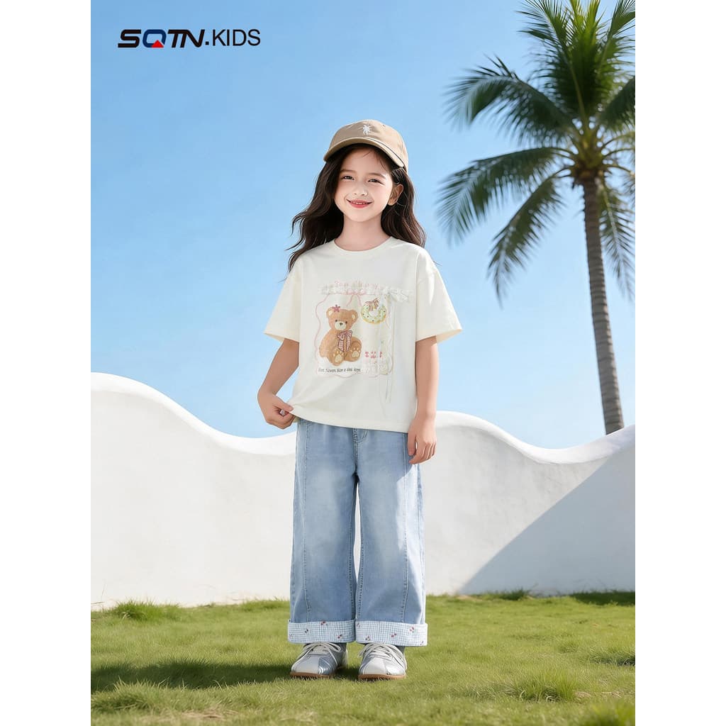 Meninas de manga curta camiseta verão 2026 novo estilo roupas infantis meninas médio grande crianças soltas estilo ocide
