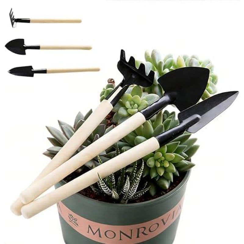 Mini Conjunto De Ferramentas De Jardinagem De 3 Unidades Com Alças De Madeira , Espátula E Pá De Ancinho Em Miniatura Pa