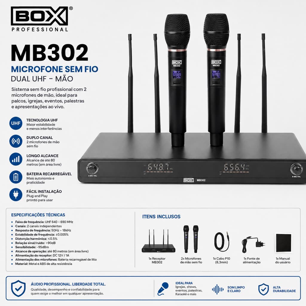 Microfone Sem Fio Duplo Boxx MB302 Uhf Canais Multifrequencia *