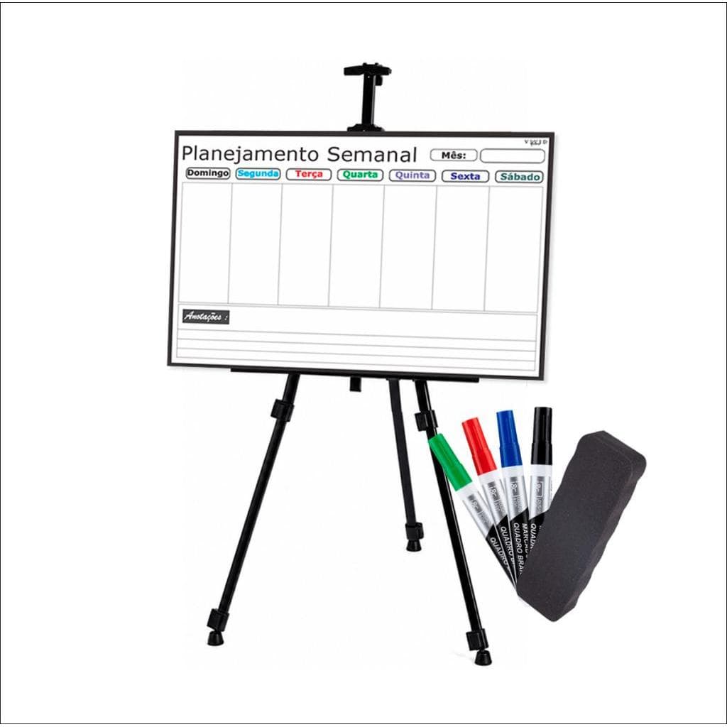 Quadro lousa Planejamento Semanal Mensal Planner 40x60 + 4 Canetas + Apagador + Tripé + Kit Instalação