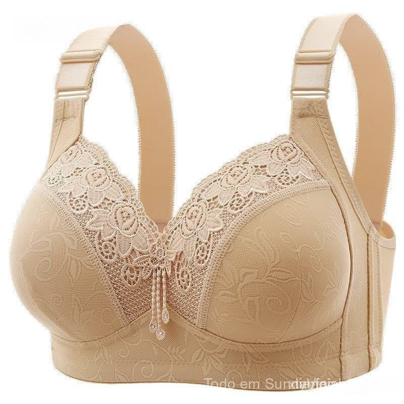 Sutiã de Renda Luxuoso Plus Size Sem Arame com Anel de Aço para Mulheres, Roupas Íntimas com Reunião e Anti-Encolhi