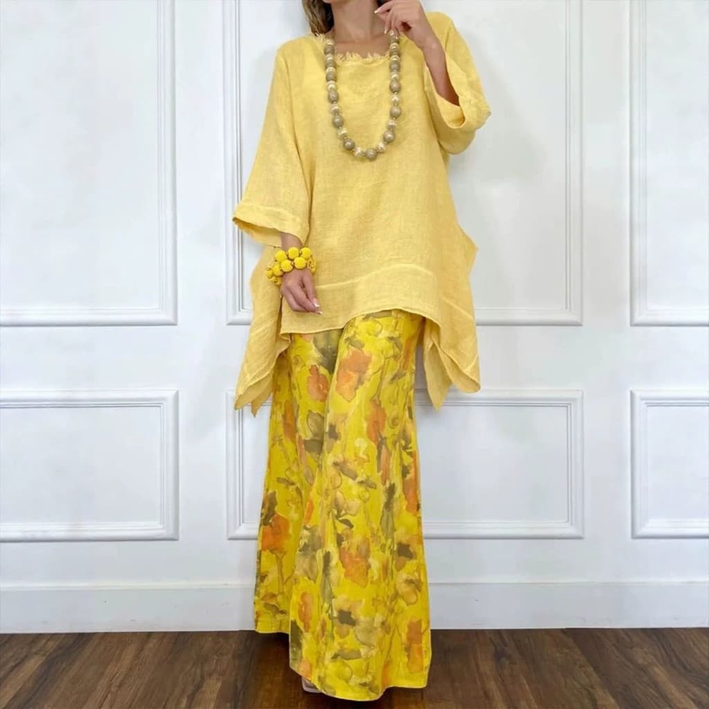 2026 Novo conjunto feminino casual de algodão-linho com top irregular e calças de perna larga para comércio exterior eur