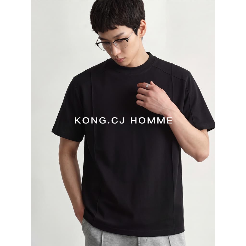 KCJ tridimensional Secant cor sólida em torno do pescoço de manga curta camiseta masculina 2026 verão respirável legal C