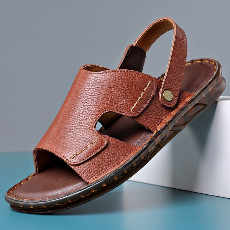 Sandálias masculinas de couro de camada superior completa verão couro genuíno antiderrapante sapatos de praia dupla util