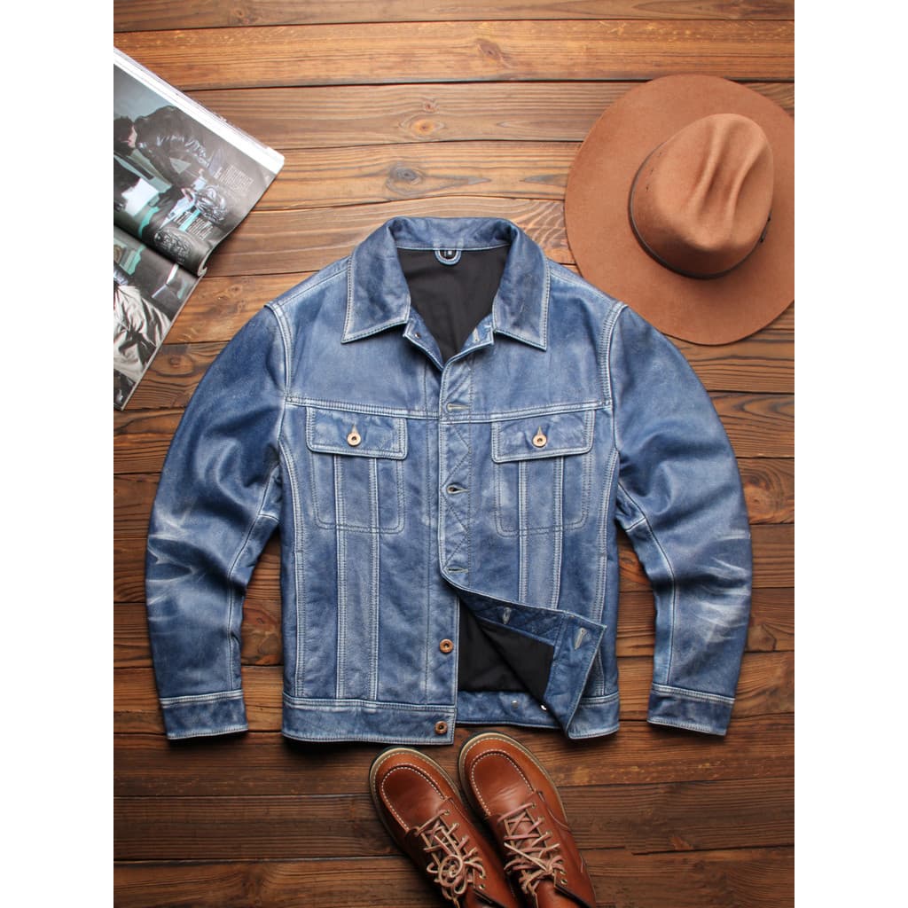 Vintage pedra moagem angustiado mão-polido cor tempestade Rider jaqueta de couro genuíno masculino lapela Casual jaqueta