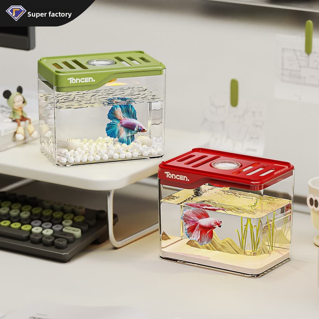 Pequeno Aquário para Peixe Betta, Mini Aquário de Mesa com Opção de Luz LED, Tanque Transparente Empilhável para Camarõe