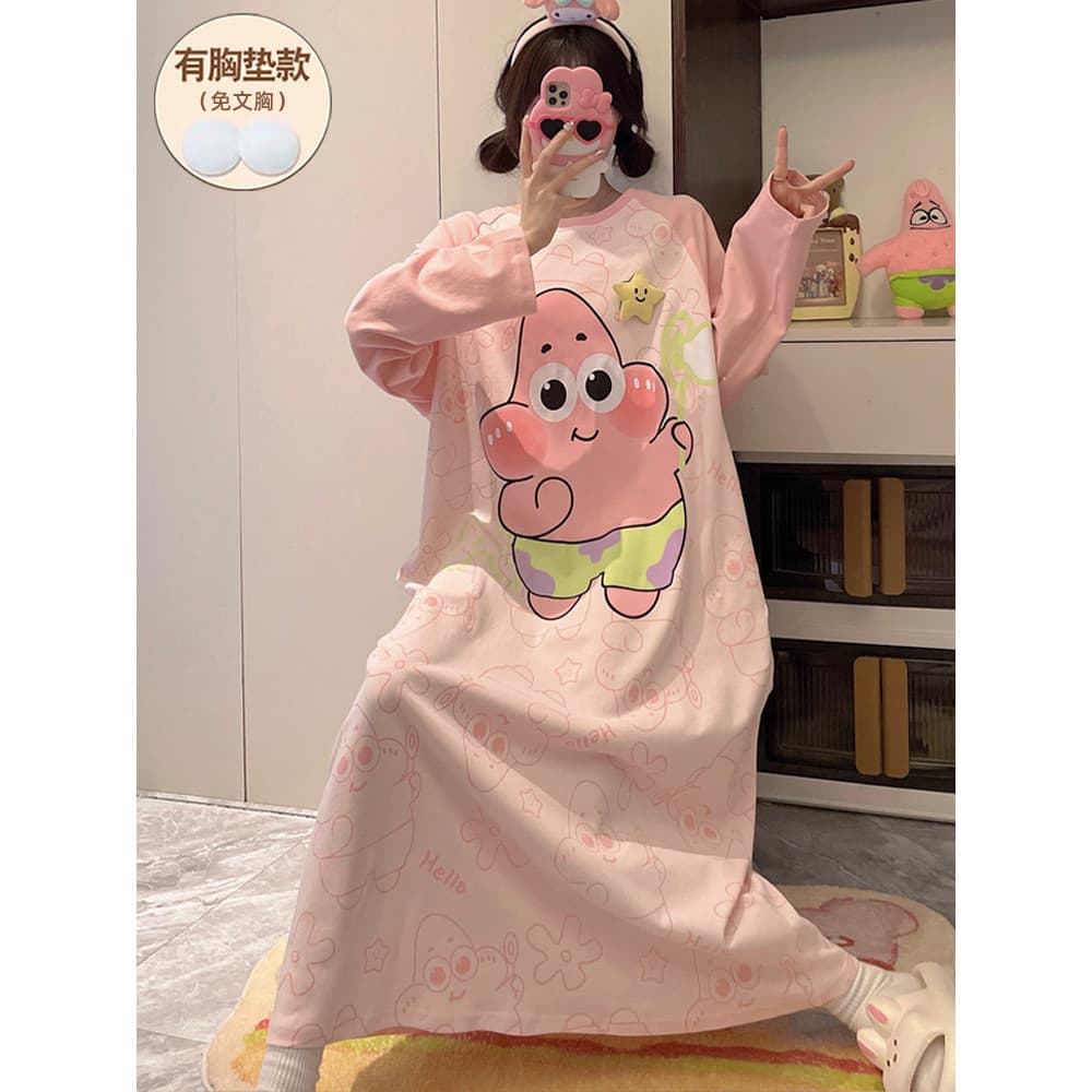 Pai Daxing Cartoon Puro Algodão Camisola de Manga Comprida Longa Acima do Joelho Pijama Acolchoado Mulheres Primavera Ve