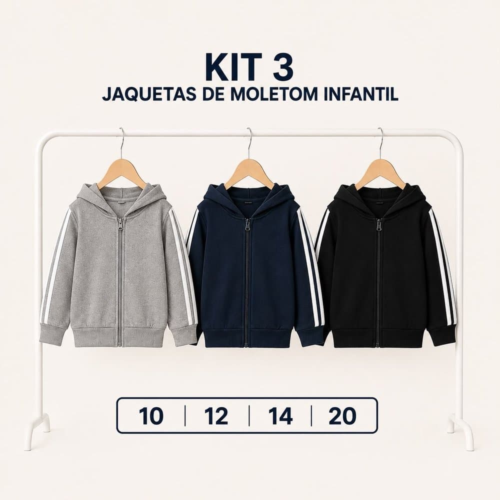 Kit 3 Jaquetas, Casaco de Moletom Infantil com Zíper e Capuz Tam 10, 12 e 14