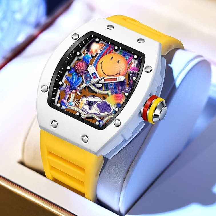 Novo estilo Smiley relógio oco tipo barril na moda relógio masculino único fita de Silicone relógio estudante com caixa