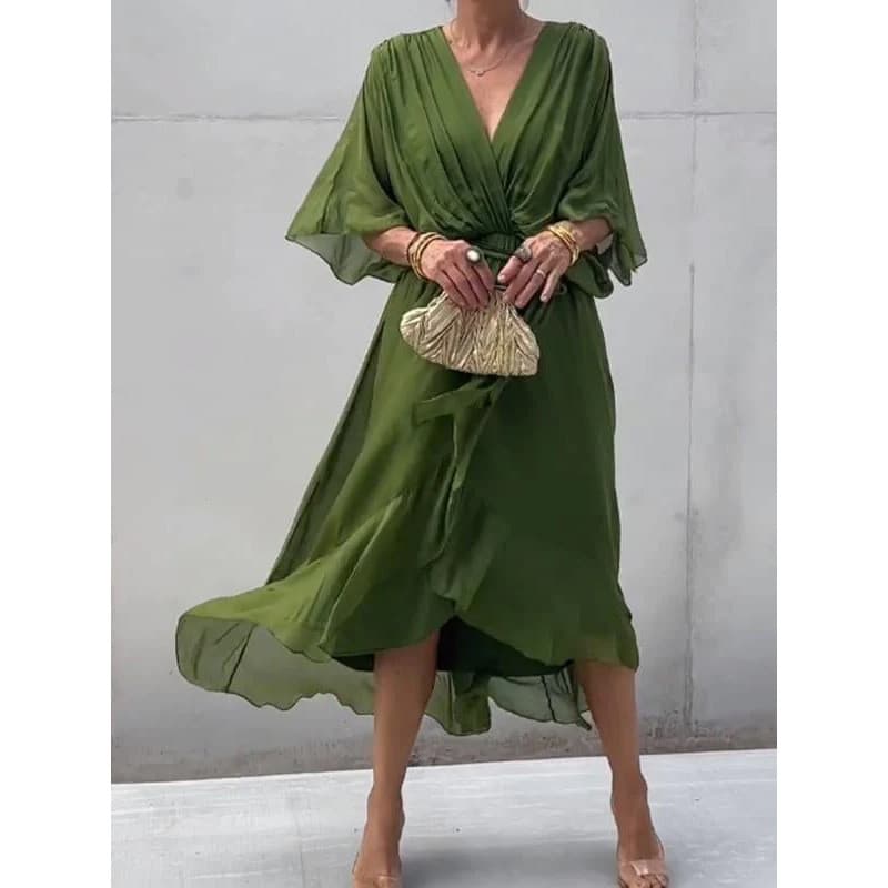2026 novo estilo feminino Cross-Border cor sólida rendas saia longa manga morcego vestido Irregular tamanho grande