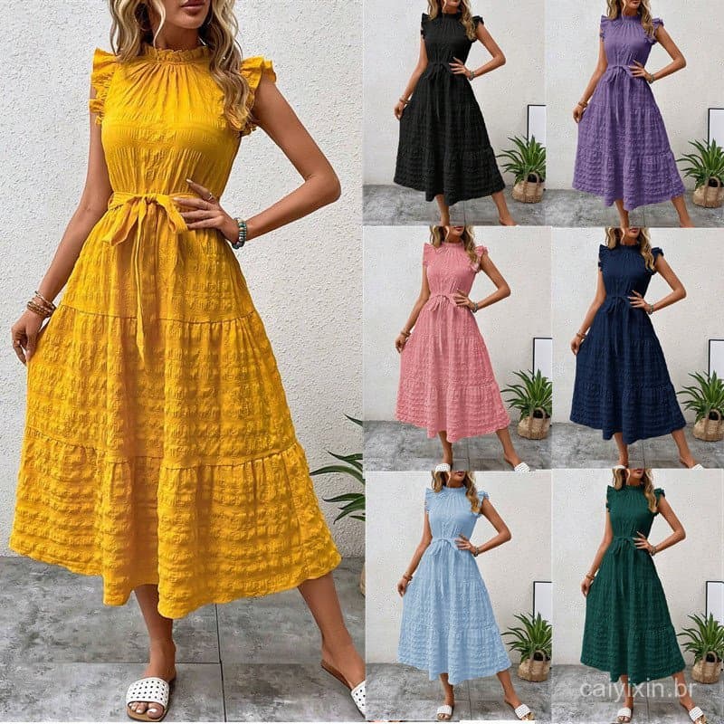 Vestido feminino de verão 2026, novo estilo, com babados, manga voadora e textura de renda EL2A