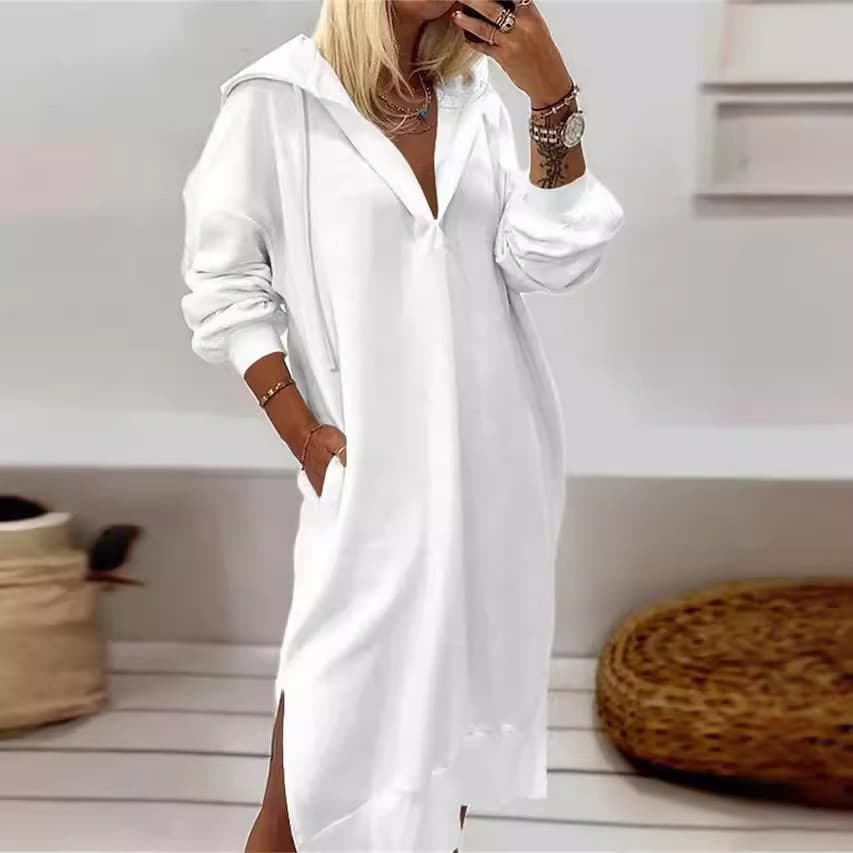 Outono inverno moda longo pulôver moletom cor sólida bainha dividida com capuz de malha saia longa feminina