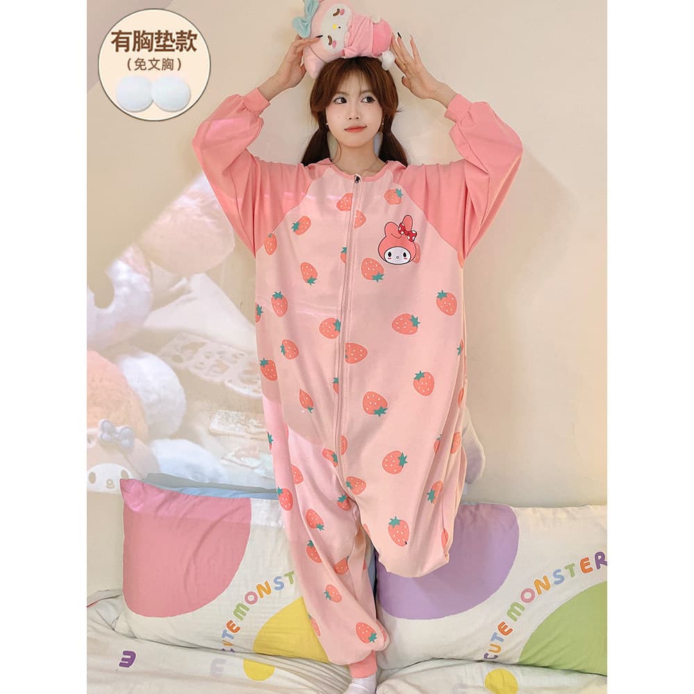 2024 Novo estilo de algodão puro pijama de uma peça feminino primavera outono almofadas de peito de manga comprida pijam