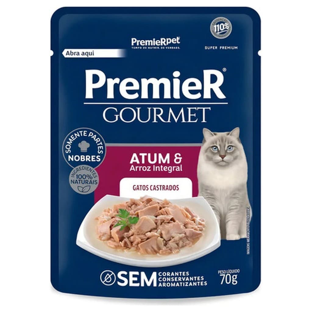 Ração Molhada Premier Gourmet Gato Adulto Atum Arroz Integral 70g Sachê Super Premium
