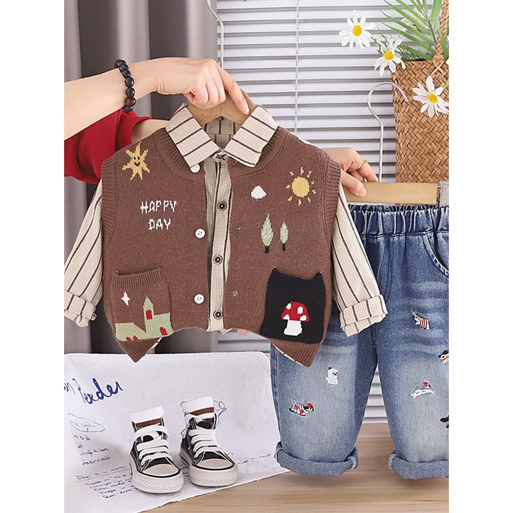 Meninos primavera ternos moda bebê primavera outono frito rua Cardigan camisola de três peças terno do bebê crianças rou
