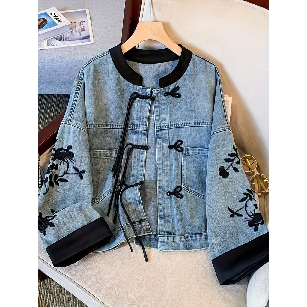 Jaqueta chinesa feminina jaqueta jeans não elástica - decoração retrô de nó chinês, casaco leve primavera outono casaco